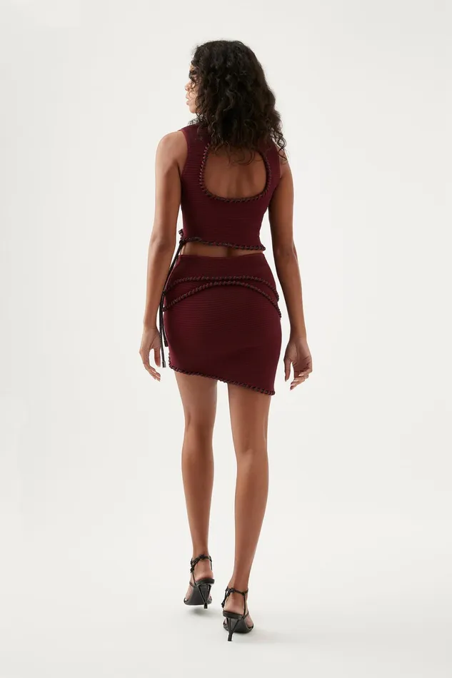 Aje Undulating Knit Mini Skirt Burgundy Women Skirts
