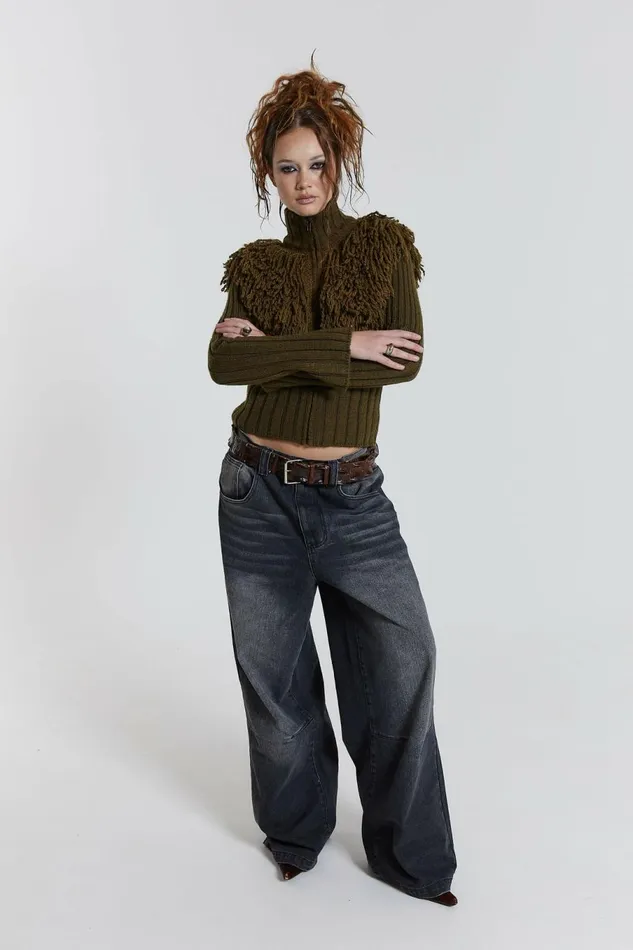 Alder Loop Knit Zip Up Jacket Khaki Women Jaded London Knitwear