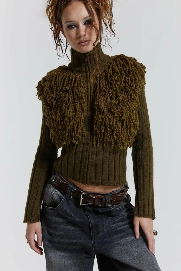 Alder Loop Knit Zip Up Jacket Khaki Women Jaded London Knitwear Alder Loop Knit Zip Up Jacket Khaki Women Jaded London Knitwear