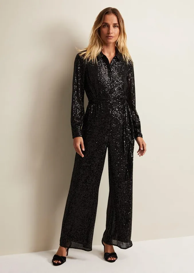 Alessandra Black Sequin Shirt Jumpsuit Black Women Phase Eight Jumpsuits