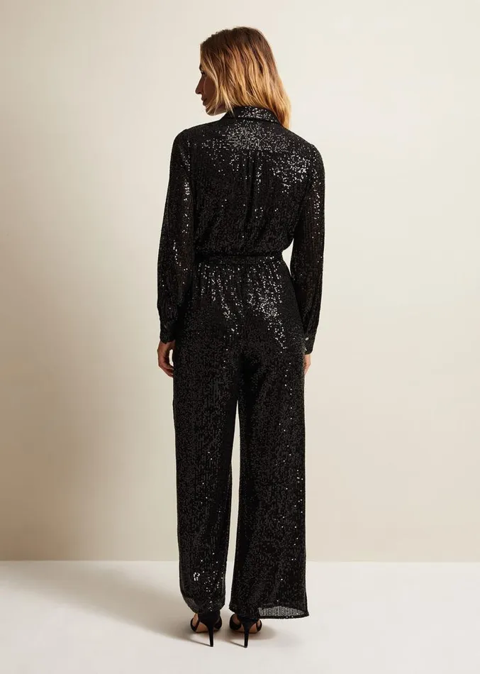Alessandra Black Sequin Shirt Jumpsuit Black Women Phase Eight Jumpsuits