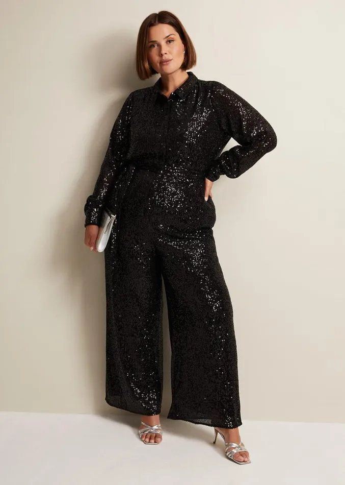 Alessandra Black Sequin Shirt Jumpsuit Black Women Phase Eight Jumpsuits