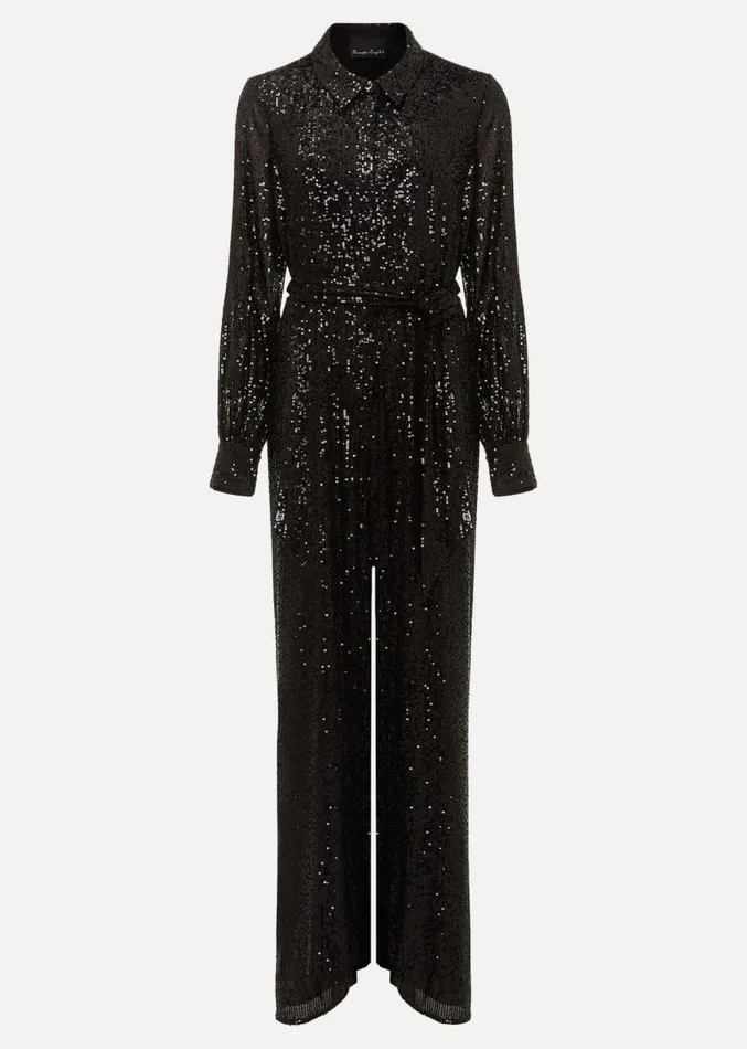 Alessandra Black Sequin Shirt Jumpsuit Black Women Phase Eight Jumpsuits