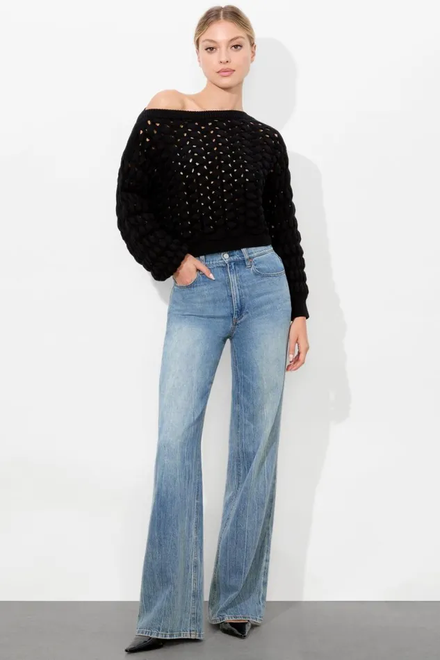 Alice Olivia Allene Cable Crewneck Black Women Sweaters