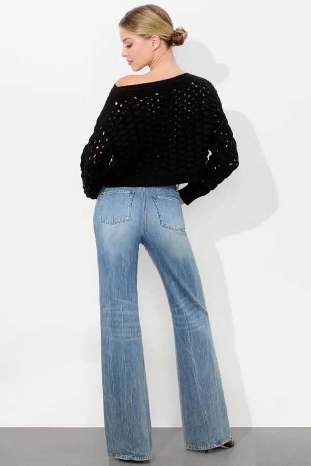 Alice Olivia Allene Cable Crewneck Black Women Sweaters