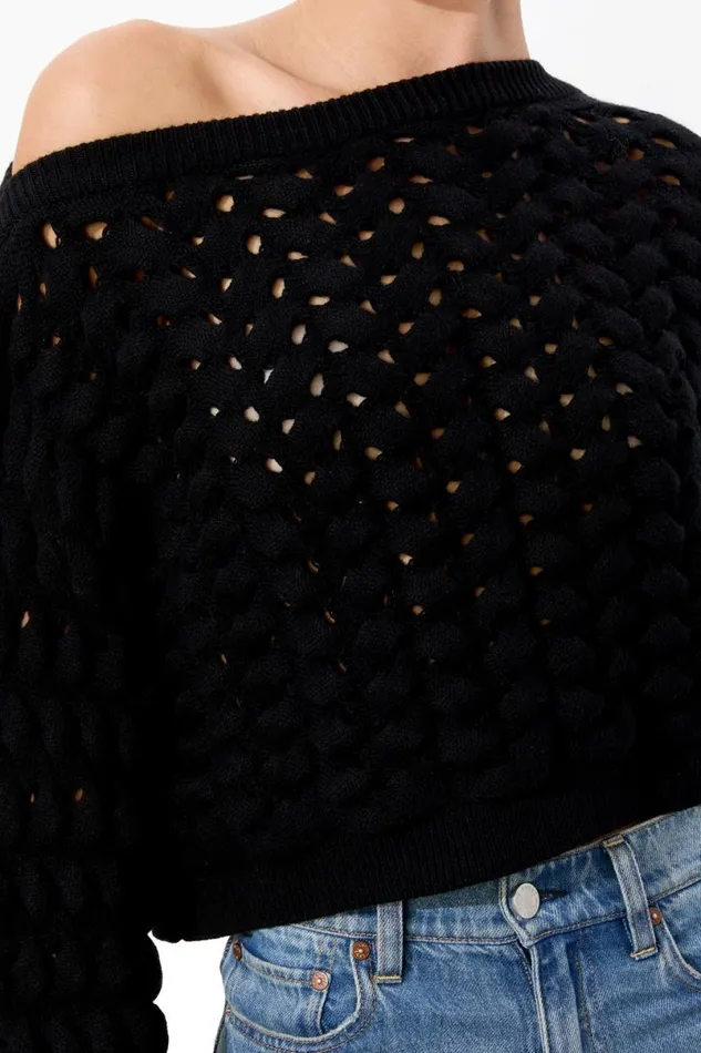 Alice Olivia Allene Cable Crewneck Black Women Sweaters