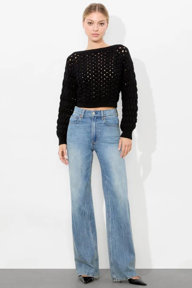 Alice Olivia Allene Cable Crewneck Black Women Sweaters