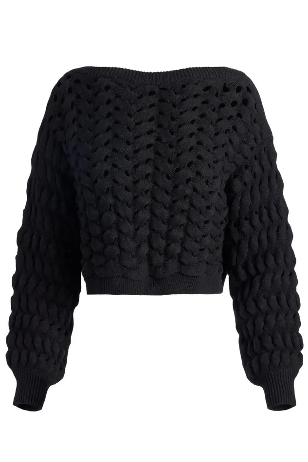 Alice Olivia Allene Cable Crewneck Black Women Sweaters