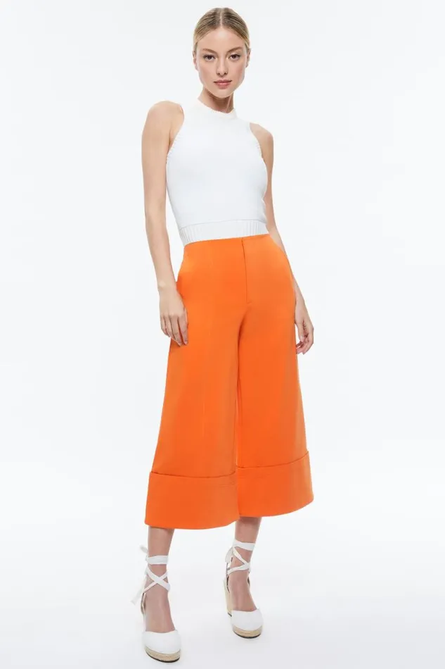 Alice Olivia Andra Wide Leg Cropped Cuff Pant Light Mango Women Pants