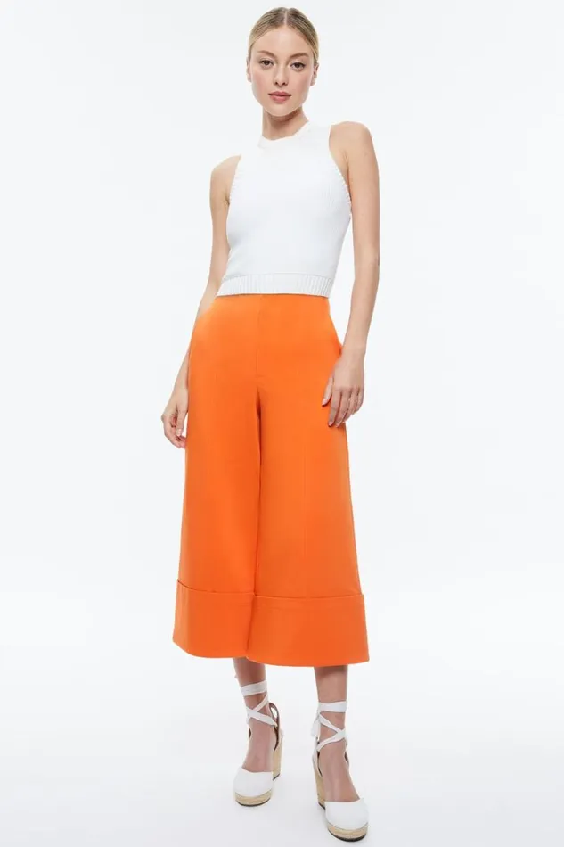 Alice Olivia Andra Wide Leg Cropped Cuff Pant Light Mango Women Pants
