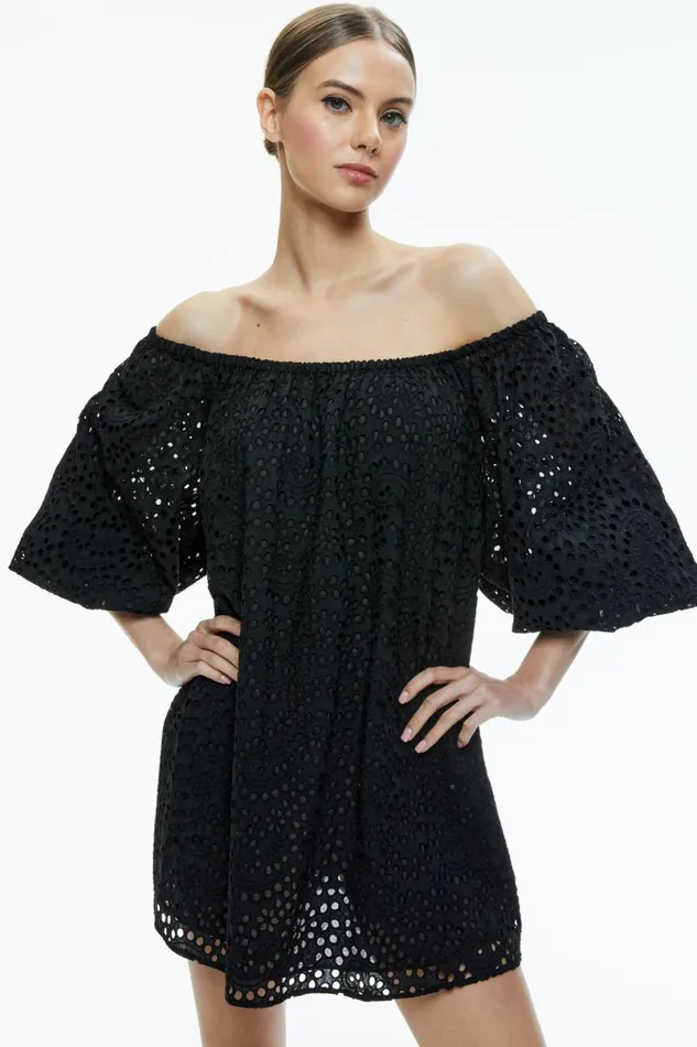 Alice Olivia Artemis Off The Shoulder Blouson Sleeve Mini Dress Black Women Dresses
