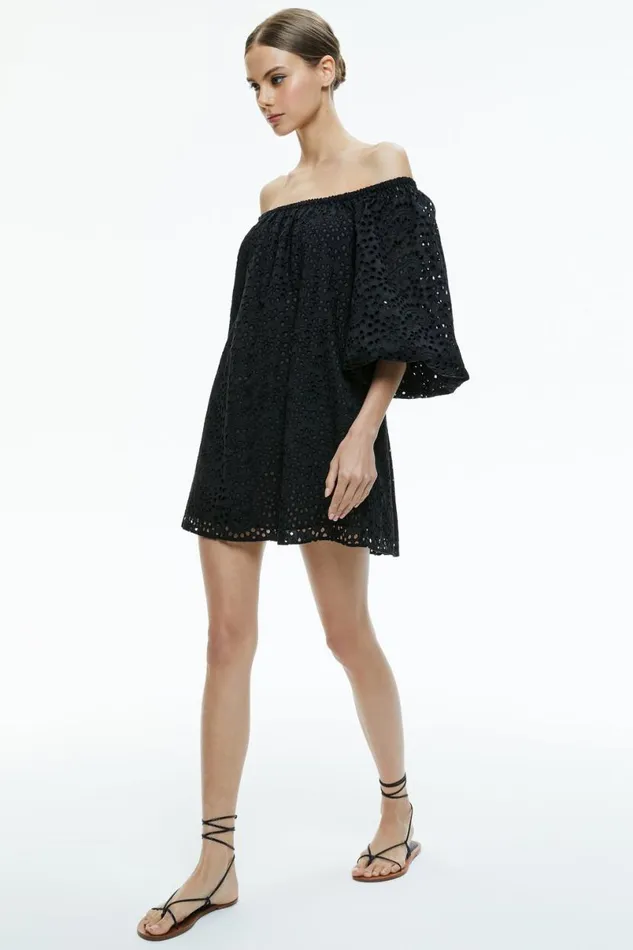 Alice Olivia Artemis Off The Shoulder Blouson Sleeve Mini Dress Black Women Dresses