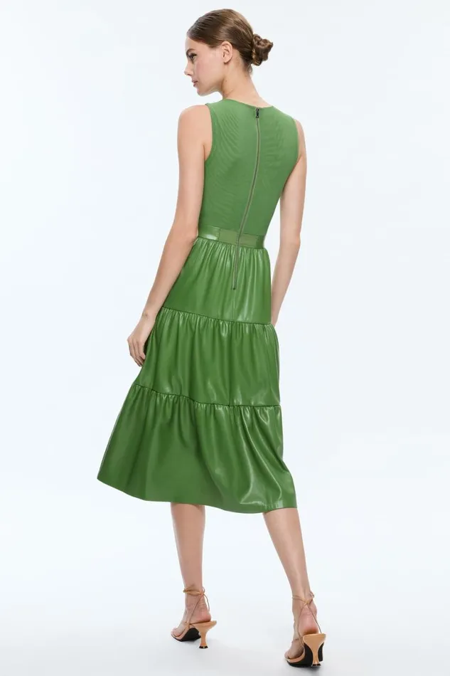 Alice Olivia Chara Vegan Leather Sleeveless Tiered Midi Dress Avocado Women Dresses