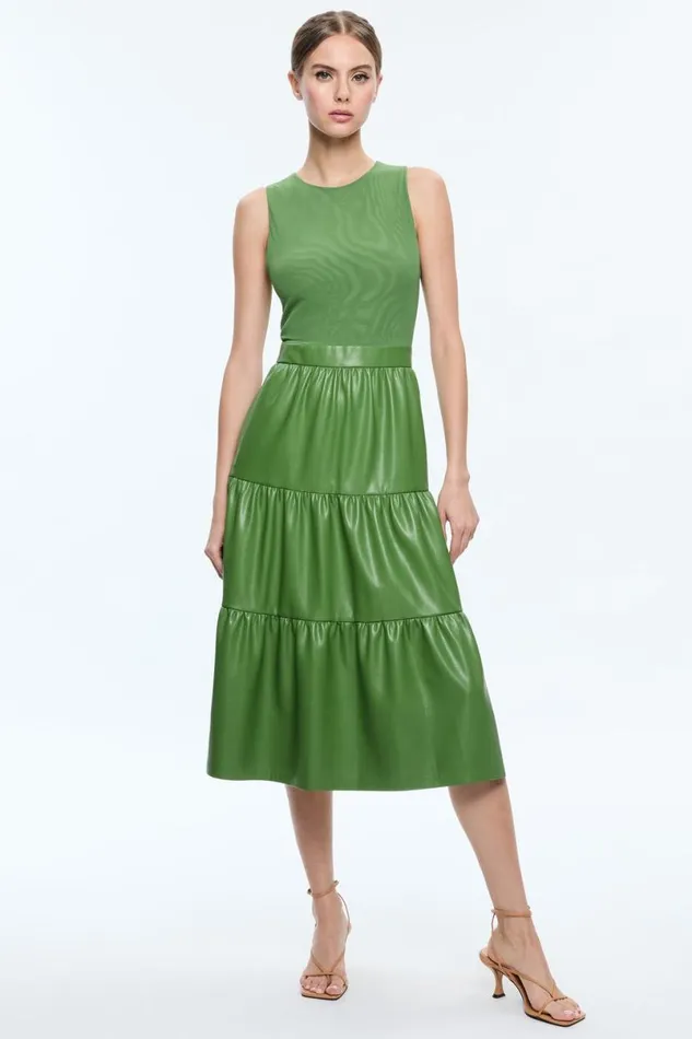 Alice Olivia Chara Vegan Leather Sleeveless Tiered Midi Dress Avocado Women Dresses