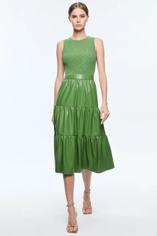 Alice Olivia Chara Vegan Leather Sleeveless Tiered Midi Dress Avocado Women Dresses