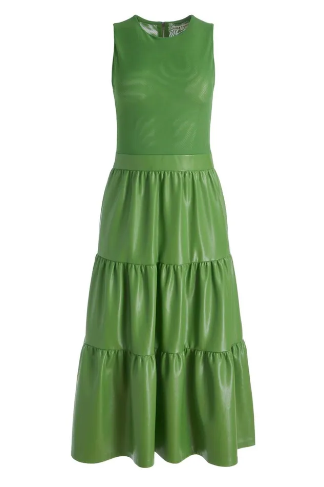 Alice Olivia Chara Vegan Leather Sleeveless Tiered Midi Dress Avocado Women Dresses