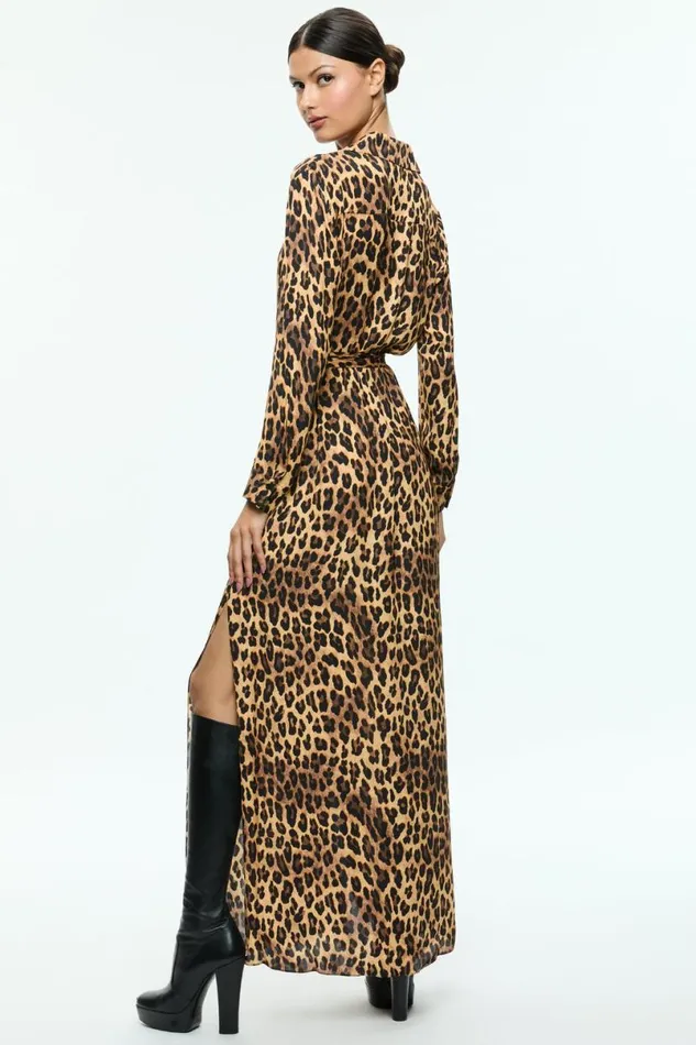 Alice Olivia Chassidy Maxi Shirt Dress Spotted Leopard Dark Tan Women Dresses