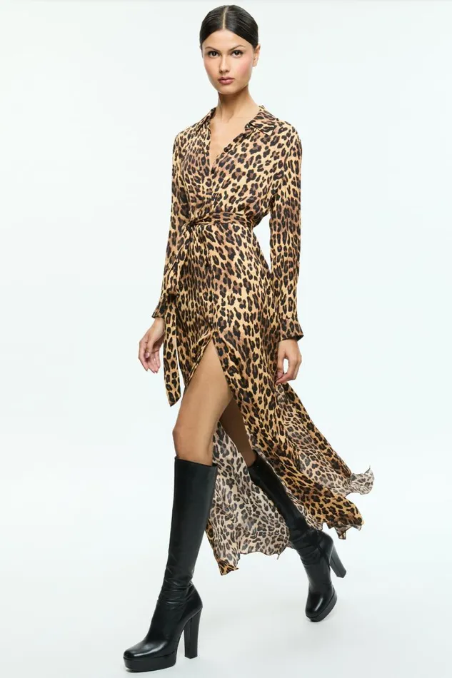 Alice Olivia Chassidy Maxi Shirt Dress Spotted Leopard Dark Tan Women Dresses