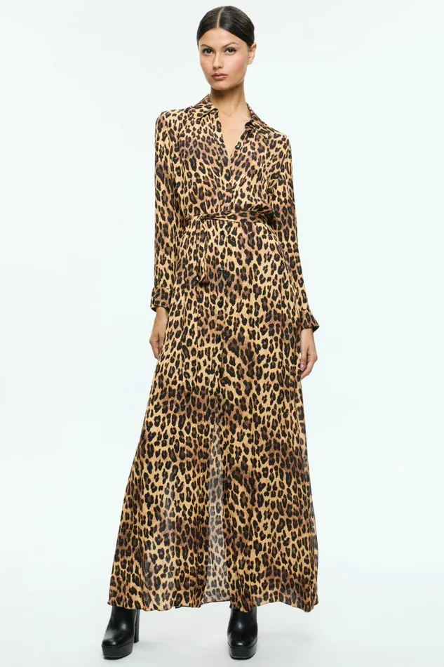 Alice Olivia Chassidy Maxi Shirt Dress Spotted Leopard Dark Tan Women Dresses