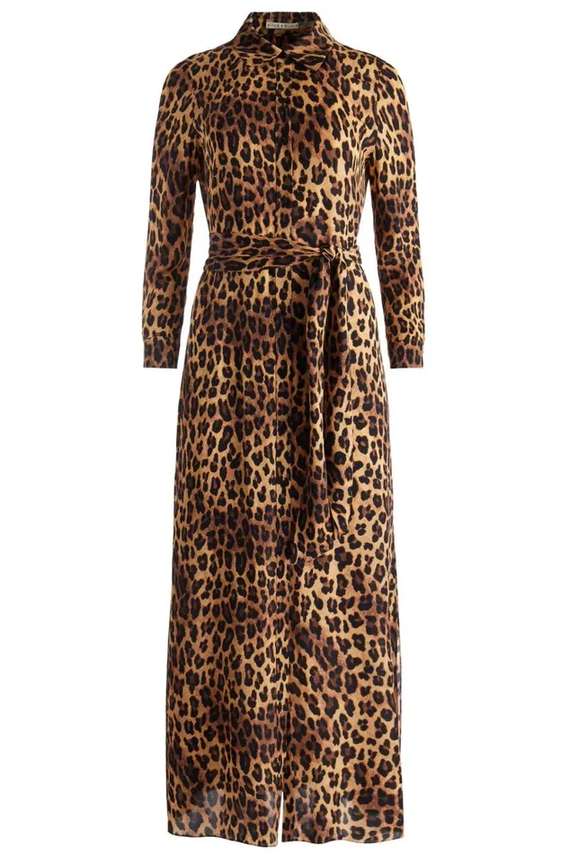 Alice Olivia Chassidy Maxi Shirt Dress Spotted Leopard Dark Tan Women Dresses