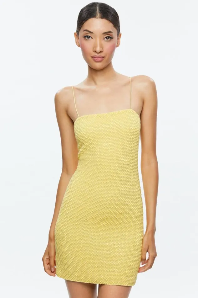 Alice Olivia Fifi Embellished Fitted Mini Cami Dress Lemon Meringue Women Dresses
