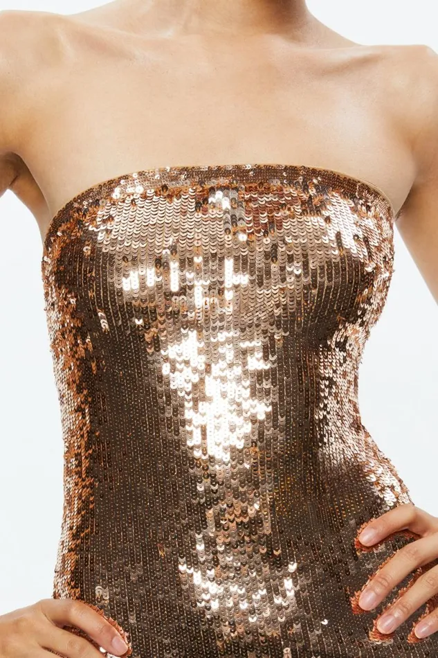 Alice Olivia Fifi Sequin Strapless Maxi Dress Tanbronze Women Dresses