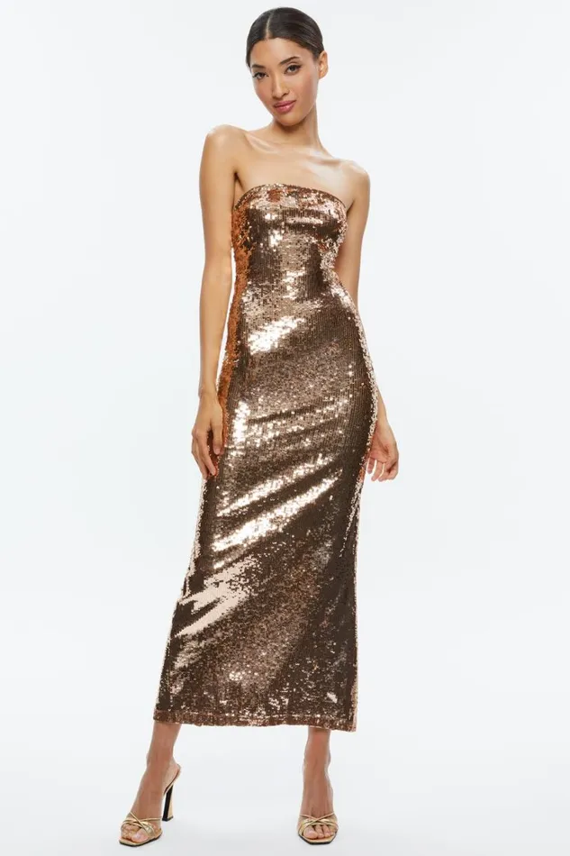Alice Olivia Fifi Sequin Strapless Maxi Dress Tanbronze Women Dresses