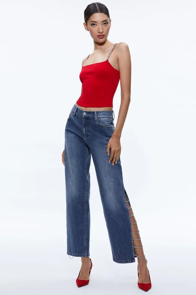 Alice Olivia Gayle Embellished Side Jean Brooklyn Blue Women Pants