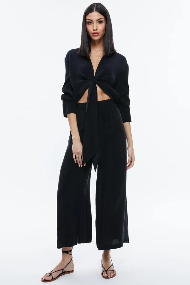 Alice Olivia Hannon Tie Front Blouse Black Women Tops