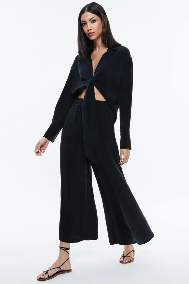 Alice Olivia Hannon Tie Front Blouse Black Women Tops