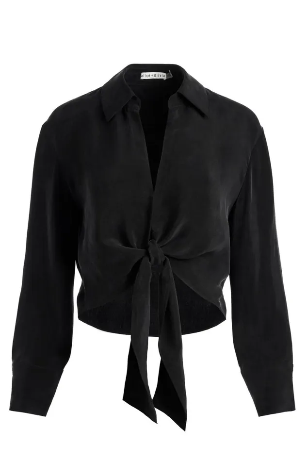Alice Olivia Hannon Tie Front Blouse Black Women Tops