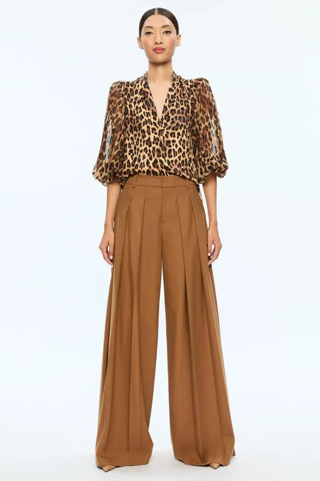 Alice Olivia Ilan Button Front Blouse Spotted Leopard Dark Tan Women Tops