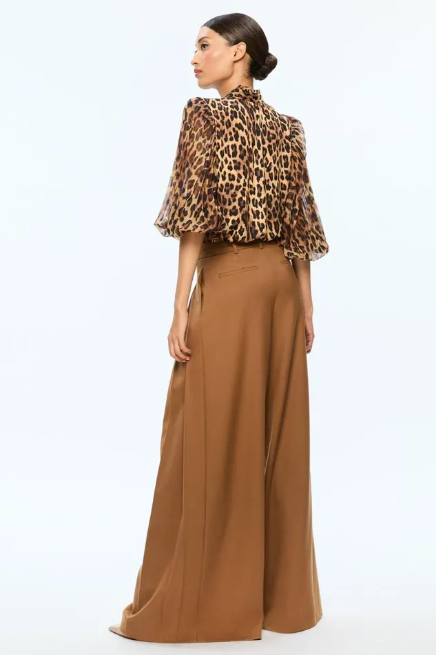 Alice Olivia Ilan Button Front Blouse Spotted Leopard Dark Tan Women Tops