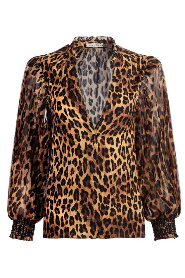 Alice Olivia Ilan Button Front Blouse Spotted Leopard Dark Tan Women Tops