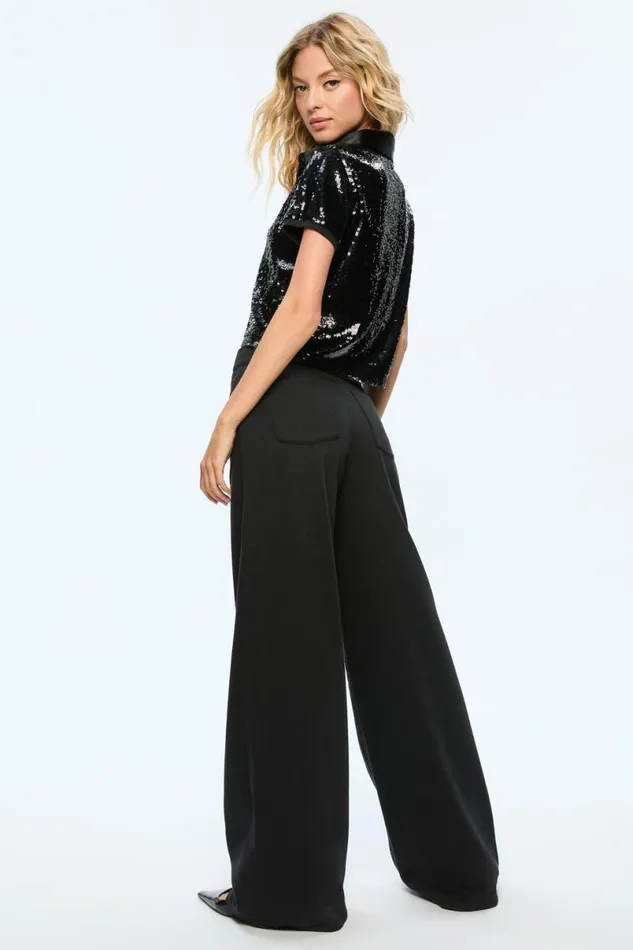 Alice Olivia Kit Sequin Polo Black Women Tops