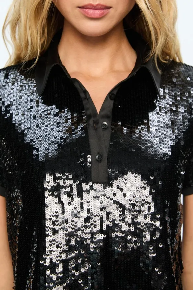 Alice Olivia Kit Sequin Polo Black Women Tops