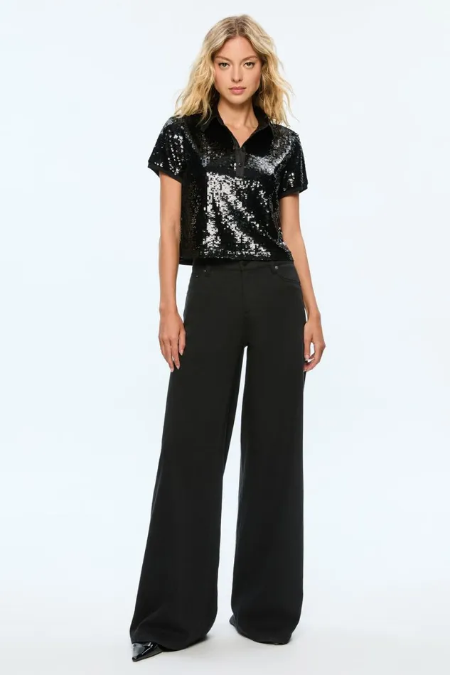 Alice Olivia Kit Sequin Polo Black Women Tops