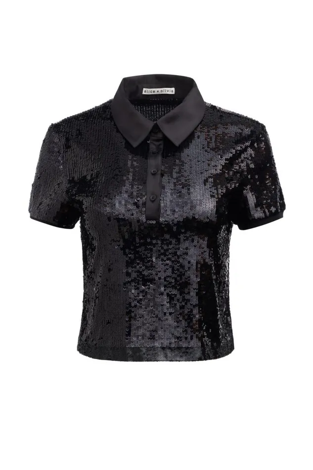 Alice Olivia Kit Sequin Polo Black Women Tops