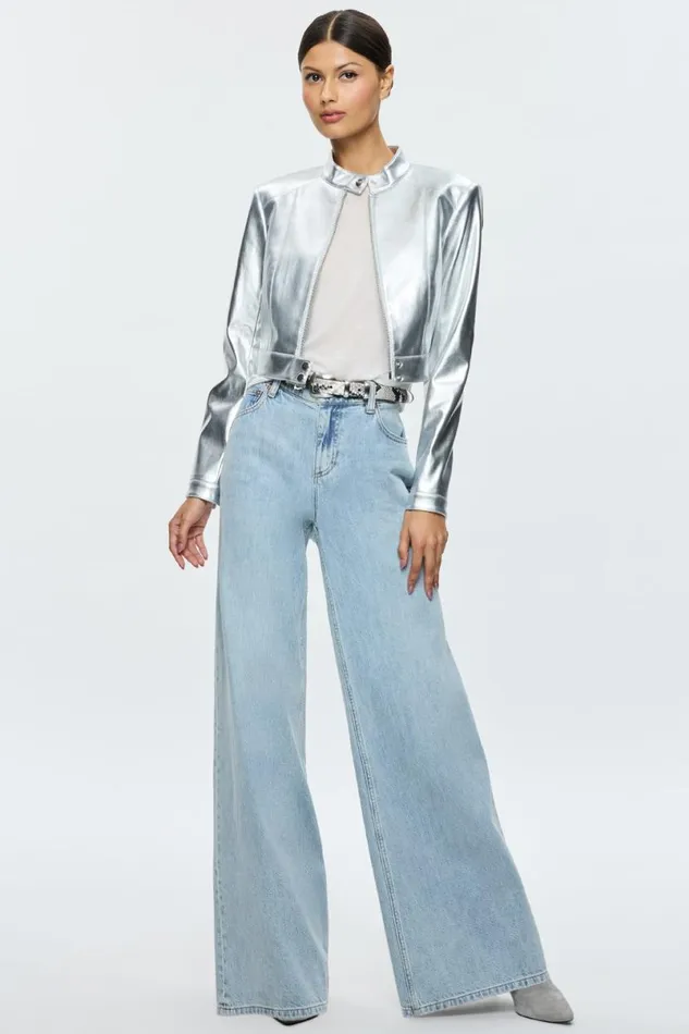 Alice Olivia Lari Vegan Moto Jacket Silver Women Outerwear