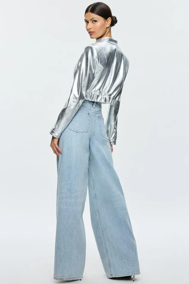 Alice Olivia Lari Vegan Moto Jacket Silver Women Outerwear