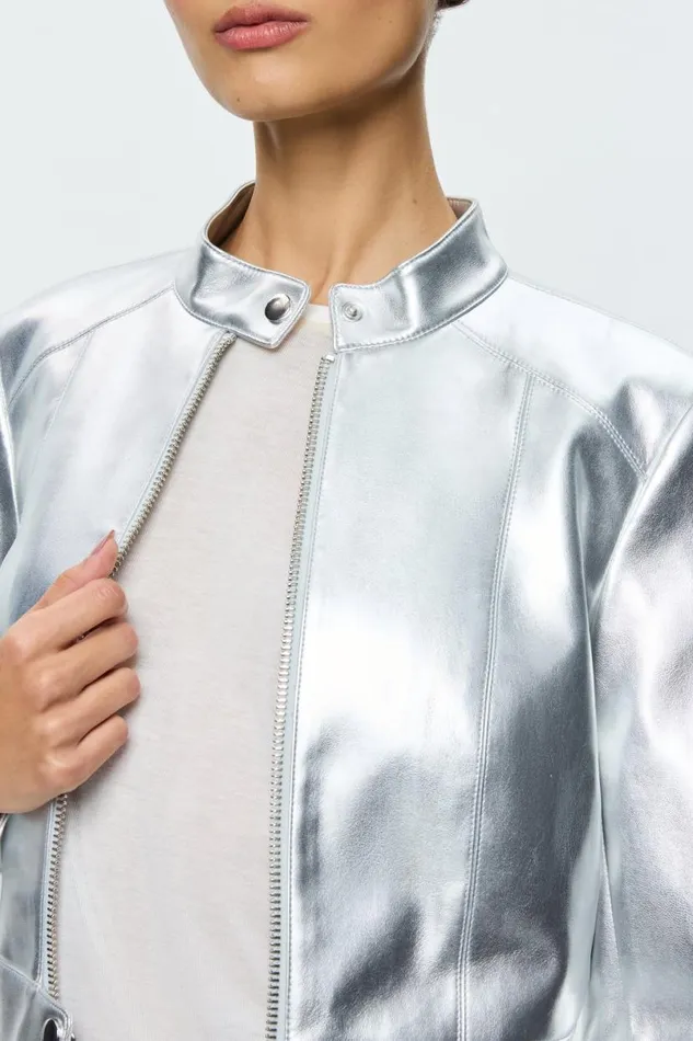 Alice Olivia Lari Vegan Moto Jacket Silver Women Outerwear