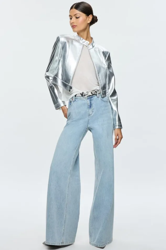 Alice Olivia Lari Vegan Moto Jacket Silver Women Outerwear