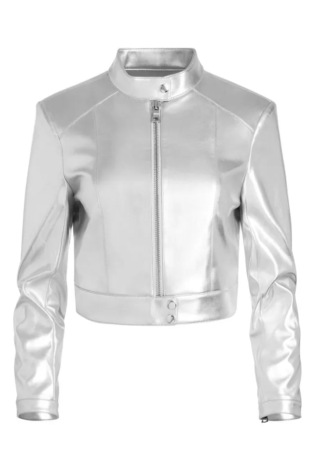 Alice Olivia Lari Vegan Moto Jacket Silver Women Outerwear