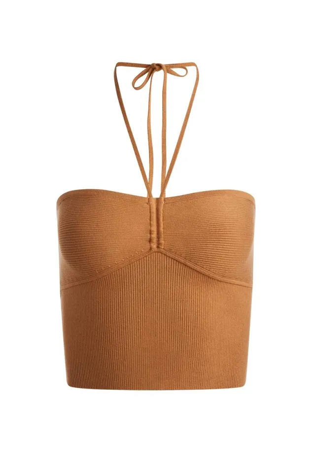 Alice Olivia Linnie Ruched Halter Tan Women Tops