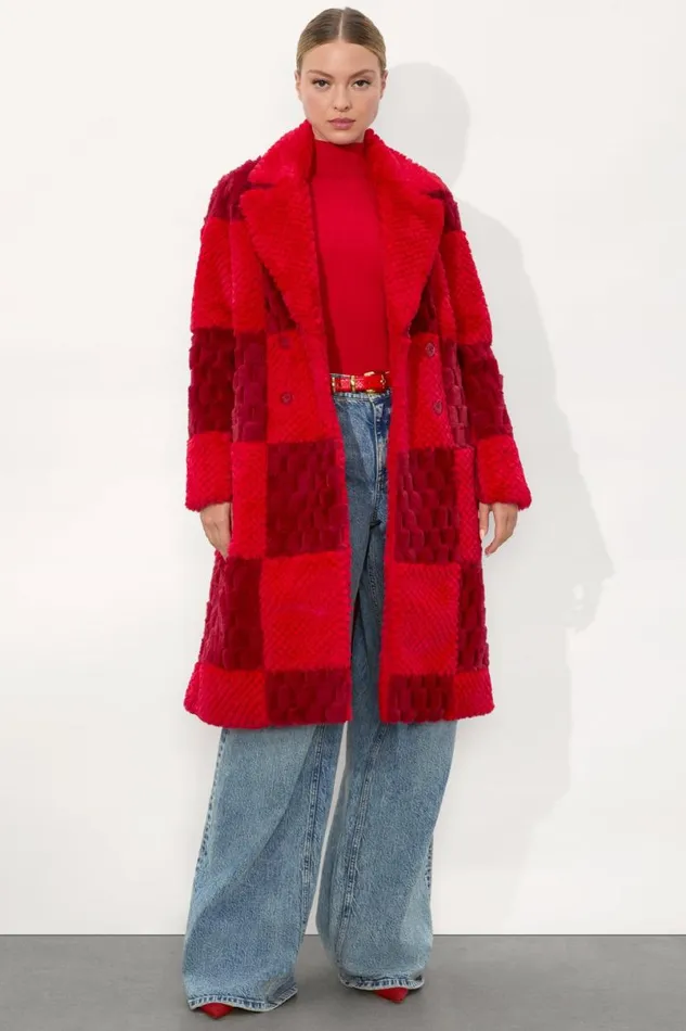Alice Olivia Moore Faux Fur Peacoat Bright Rubygarnet Women Outerwear