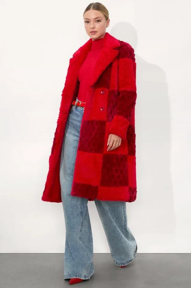 Alice Olivia Moore Faux Fur Peacoat Bright Rubygarnet Women Outerwear