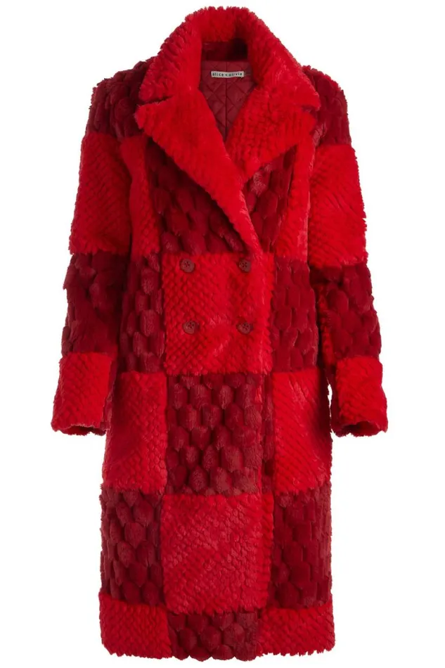 Alice Olivia Moore Faux Fur Peacoat Bright Rubygarnet Women Outerwear