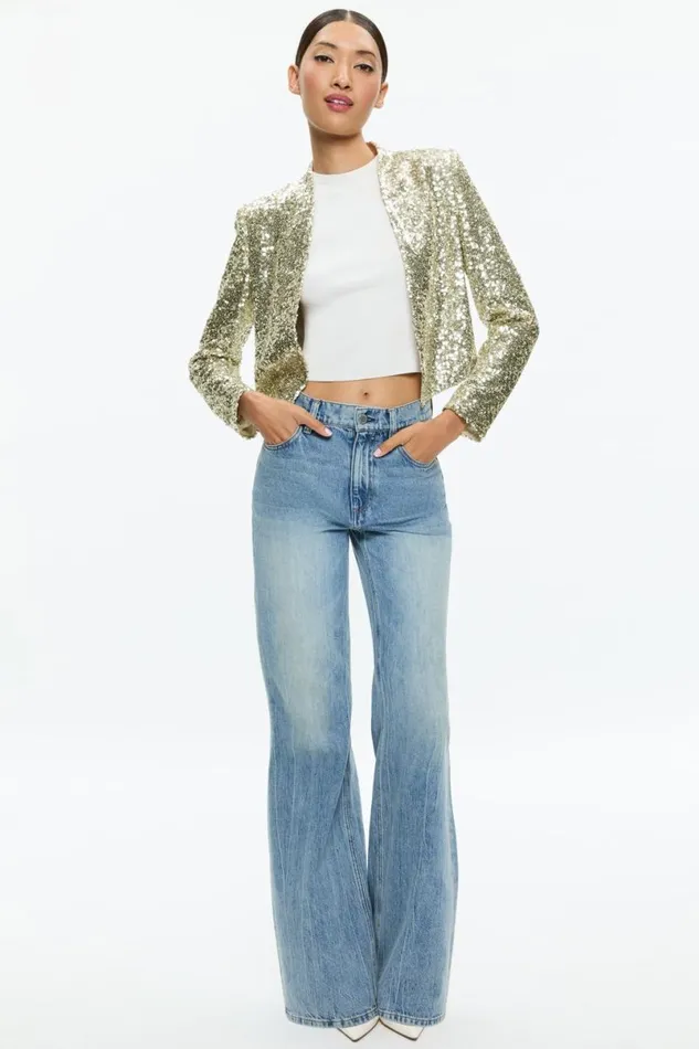 Alice Olivia New Harvey Sequin Open Front Jacket Pale Gold Women Outerwear