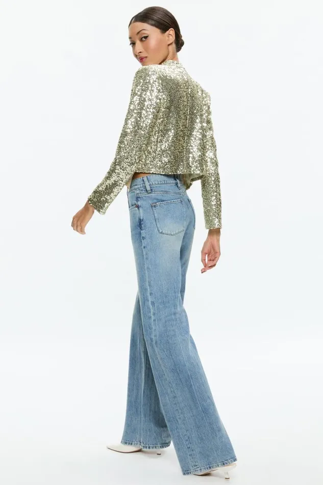 Alice Olivia New Harvey Sequin Open Front Jacket Pale Gold Women Outerwear