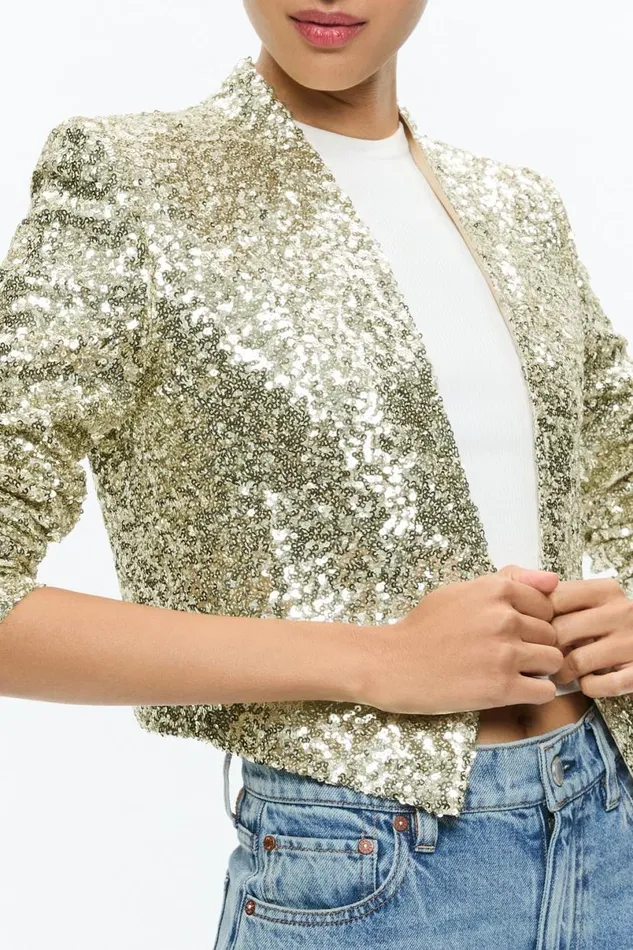 Alice Olivia New Harvey Sequin Open Front Jacket Pale Gold Women Outerwear